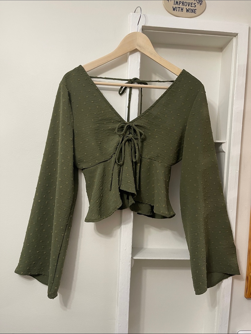 Altar’d State Swiss Dot Tie Front CropTop Bell Sleeve olive green Y2K babydoll M - Picture 15 of 16